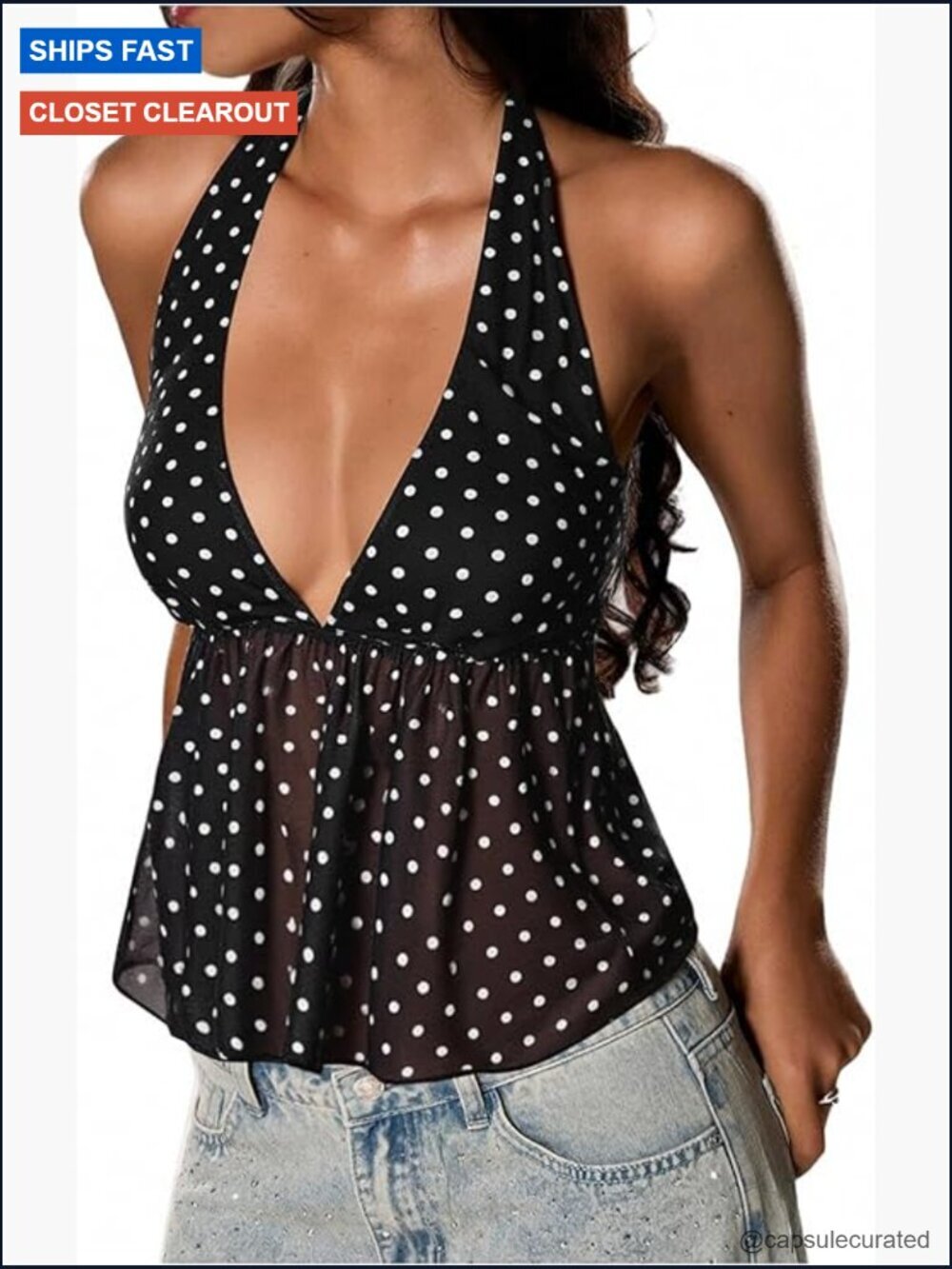V Neck Tie Backless Halter Crop Tank Top Ruffle Hem Peplum Y2K